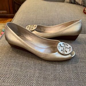 Tory Burch gold peep-toe wedge size 6